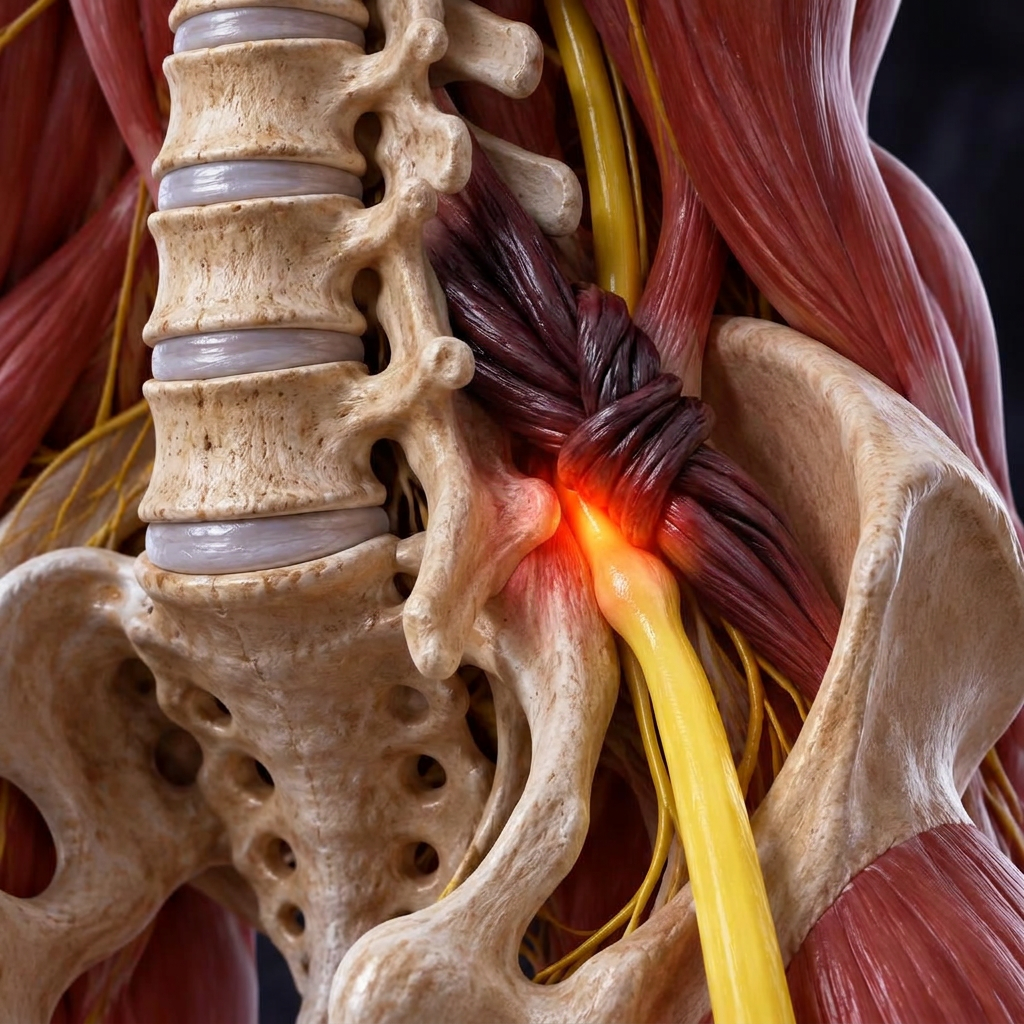 Illustration 3D d'un muscle lombaire contracté comprimant le nerf sciatique