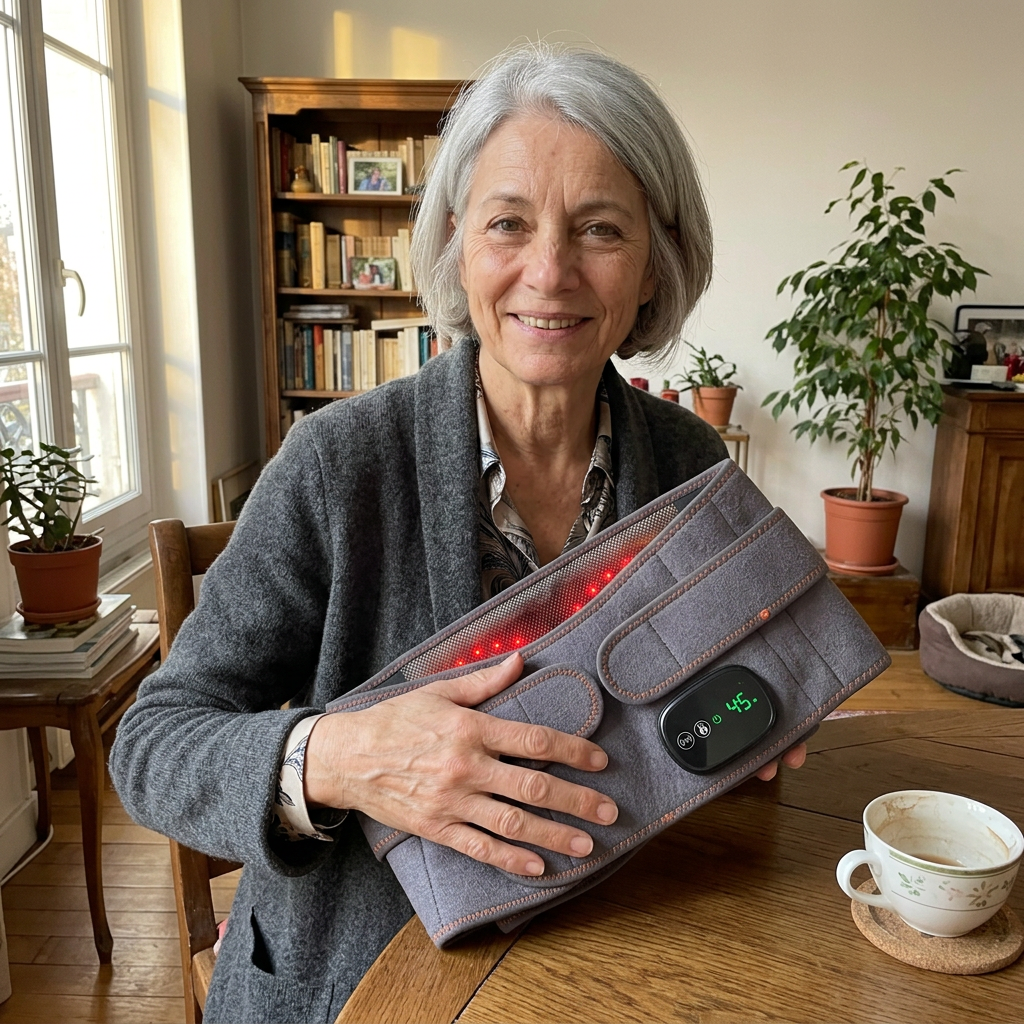 Monique présentant sa ceinture Liberta de biais