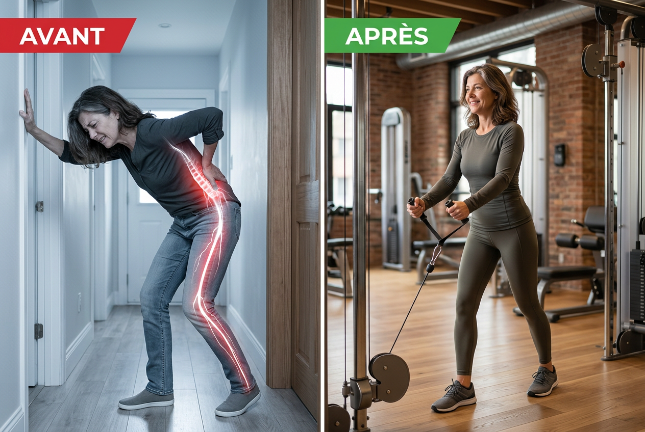 Nathalie pliée par une douleur sciatique puis active en salle de sport