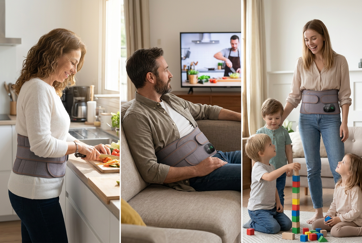 Trois personnes utilisent Liberta en cuisinant, devant la télévision et avec leurs enfants